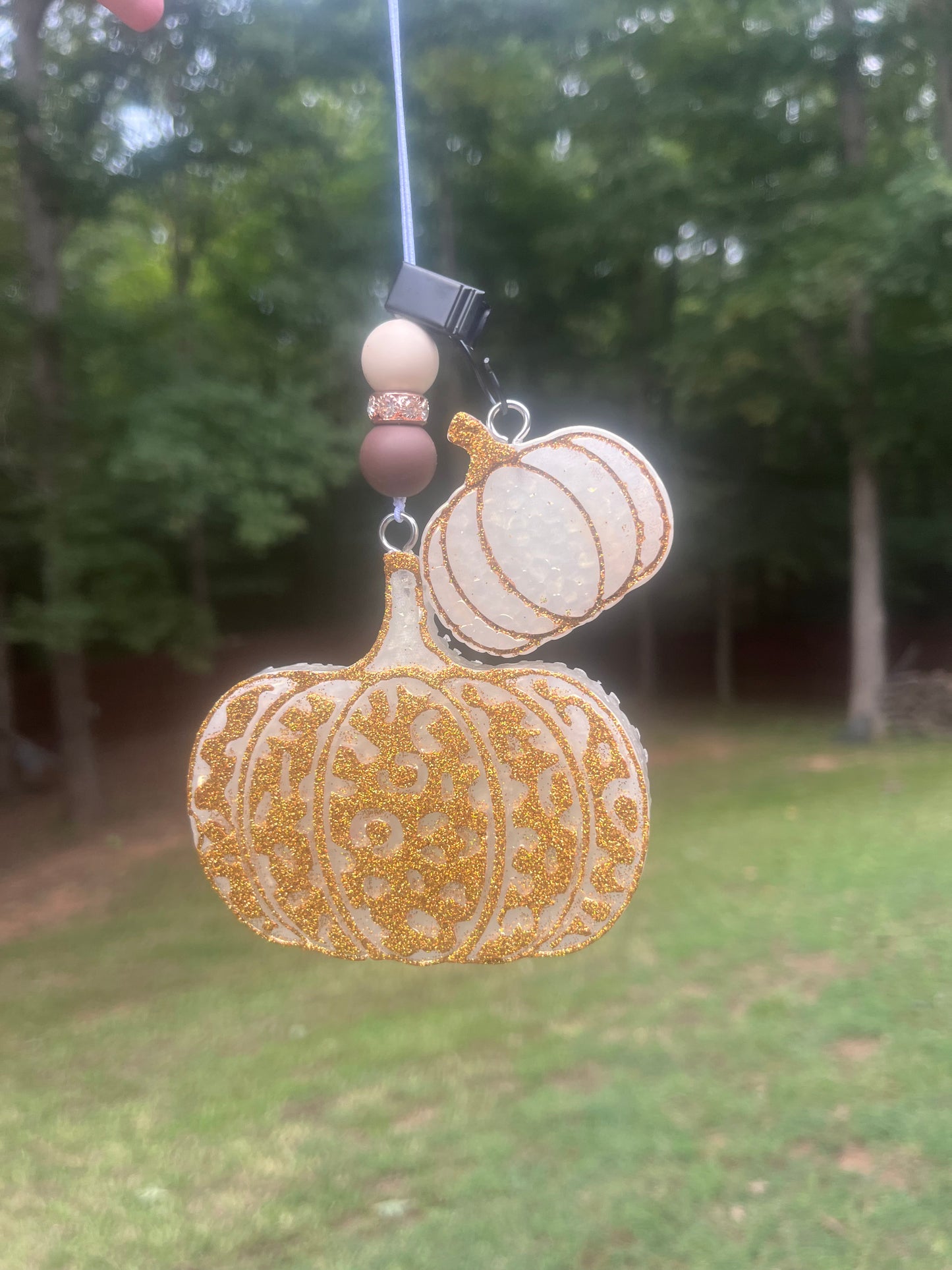 White/Gold Pumpkin Freshie with TWO matching mini vent clips